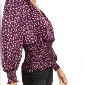 LEYDEN Womens Purple Floral Long Sleeve Surplice Neckline Party Tunic Top